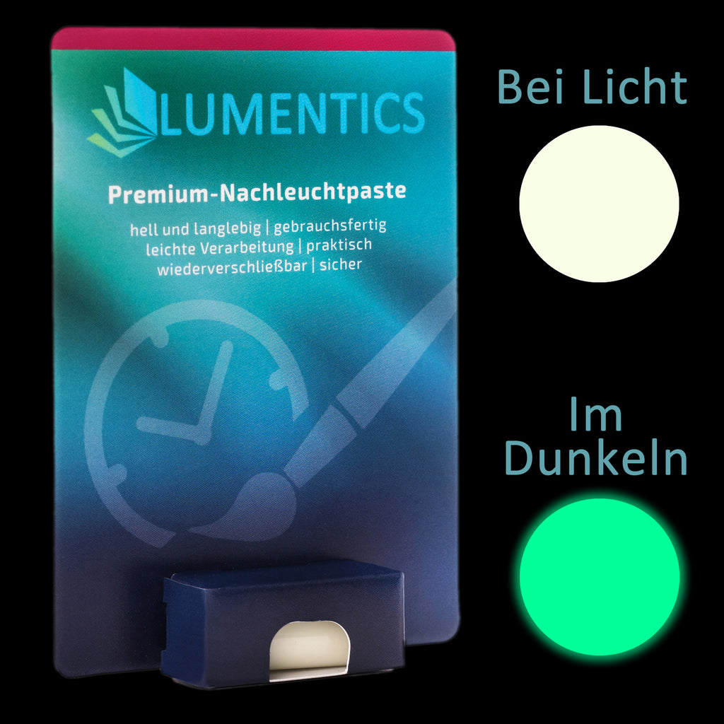 Luminous paint for watch hands Natural Green 2 g on its card pack, with colour circles: pale in light, green in the dark