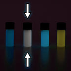 Glow paste colour variants: four vials in the dark, arrows marking the second, one glowing white