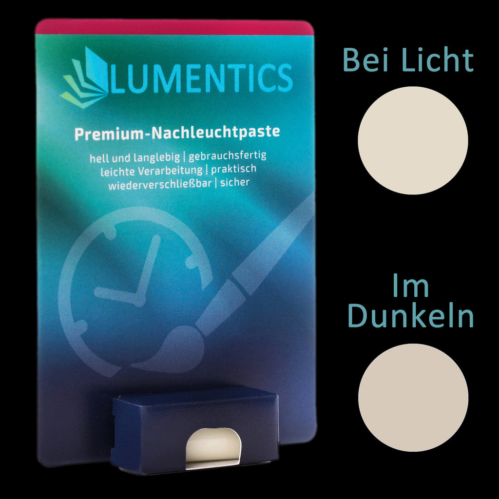 Luminous Paint for Watch Hands Natural White 2 g: card with tub, colour dots at right in light and in the dark, both beige