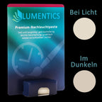 Luminous Paint for Watch Hands Natural White 2 g: card with tub, colour dots at right in light and in the dark, both beige