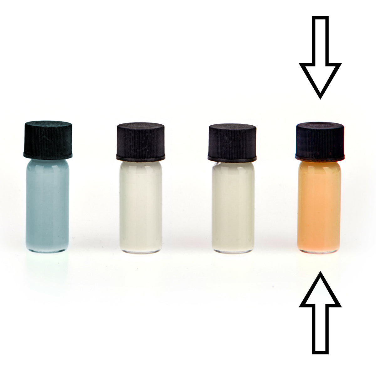 Luminous Paint for Watch Hands Orange-Green 2 g: four vials in daylight, the fourth with orange contents marked