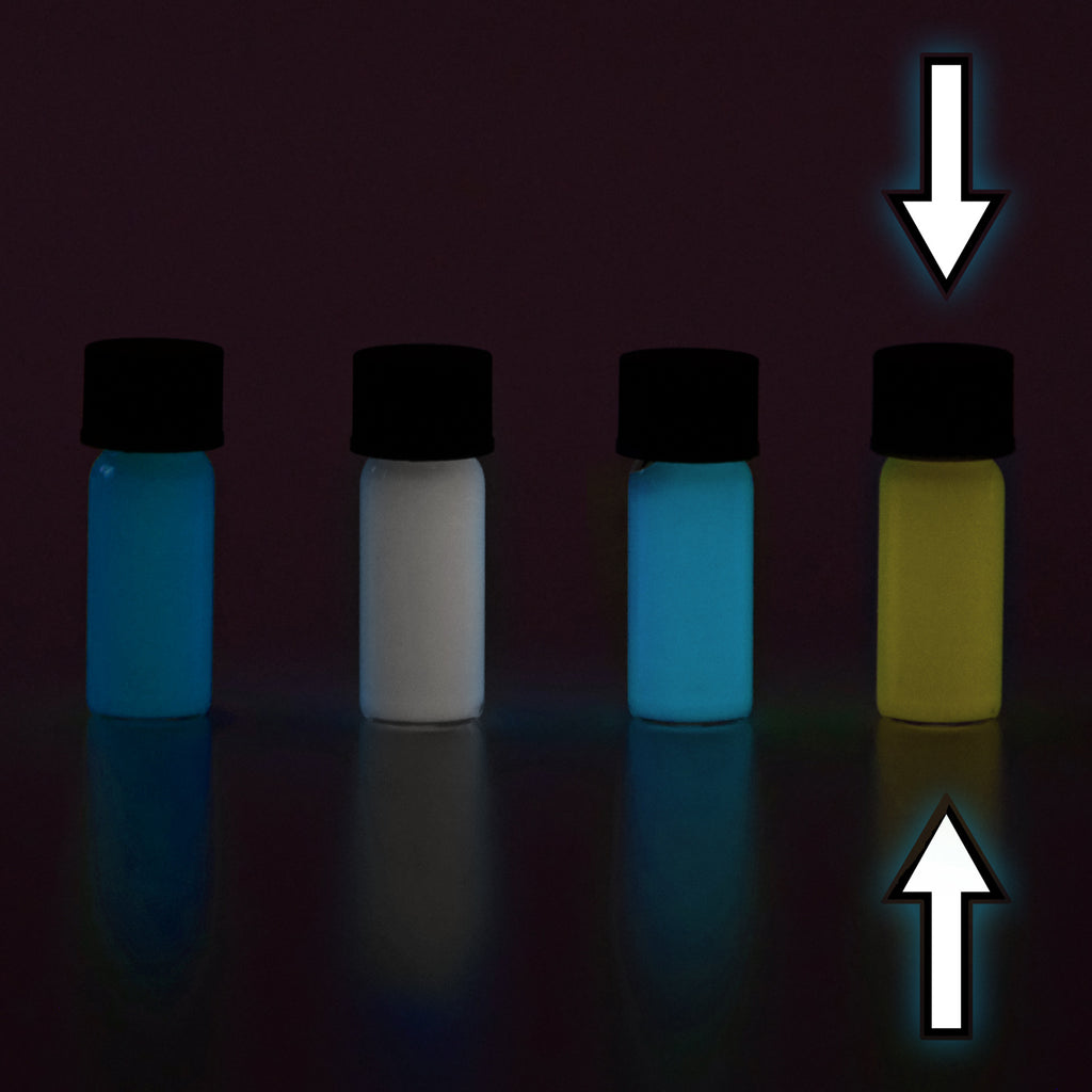 Luminous Paint for Watch Hands Orange-Green 2 g: four vials in the dark, the fourth marked and glowing yellow