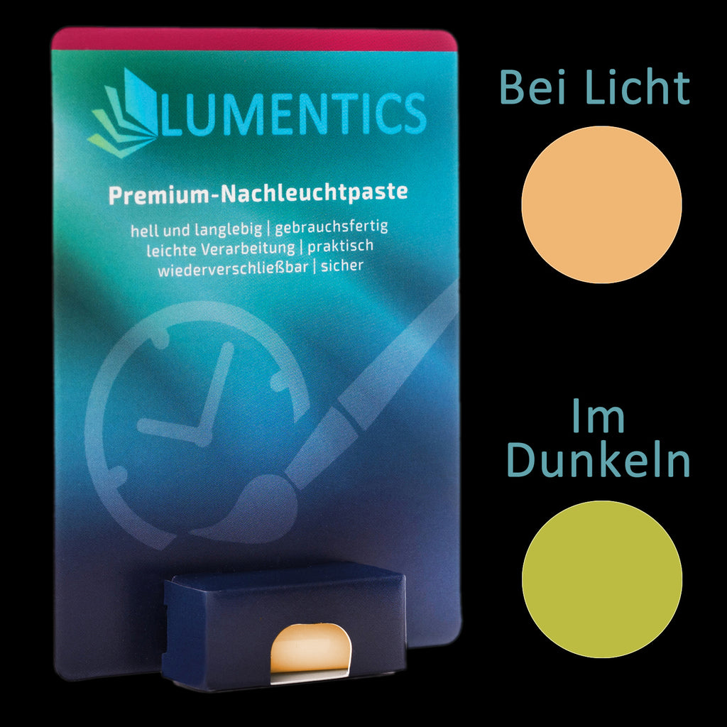 Luminous Paint for Watch Hands Orange-Green 2 g: card with paste, colour dots: orange in light, yellow-green in the dark