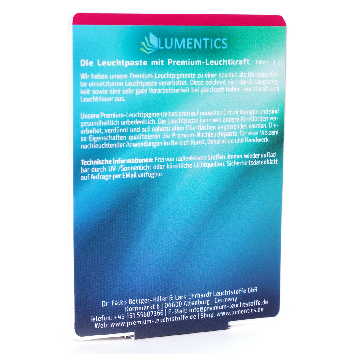 Luminous Paint for Watch Hands Natural White 2 g: back of the card with product text and manufacturer details