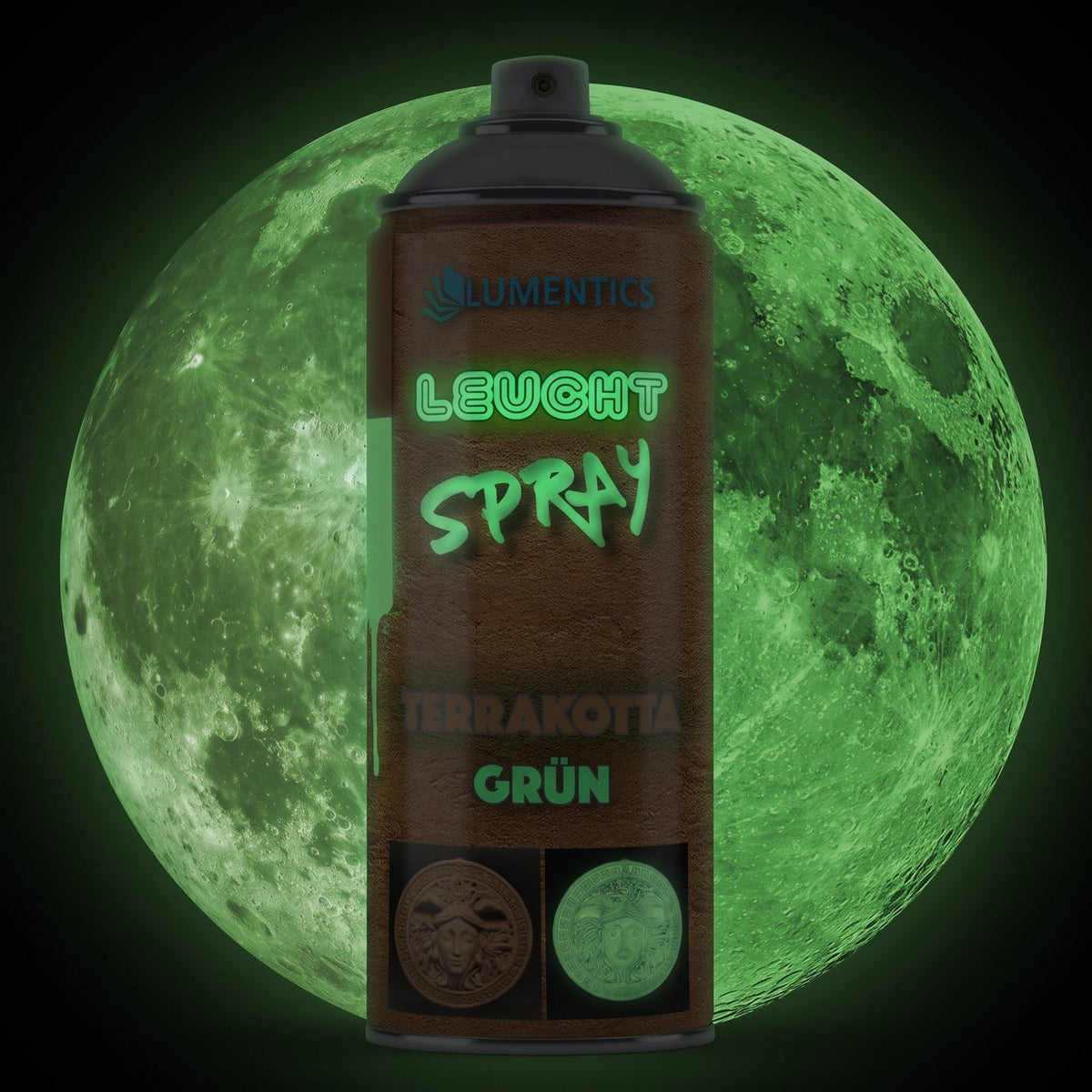 Glow Spray Terracotta-Green 400 ml in the dark, glowing green