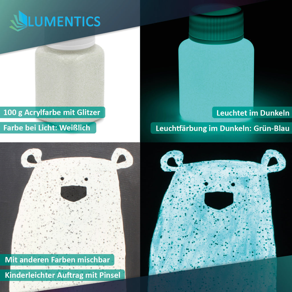 Glitter Glow Paint Blue-Green 100 g: bottle and bear motif, whitish with glitter in light, blue-green in the dark