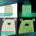 Glitter Glow Paint Yellow-Green 100 g: bottle and painted bear with glitter, in light and glowing green in the dark