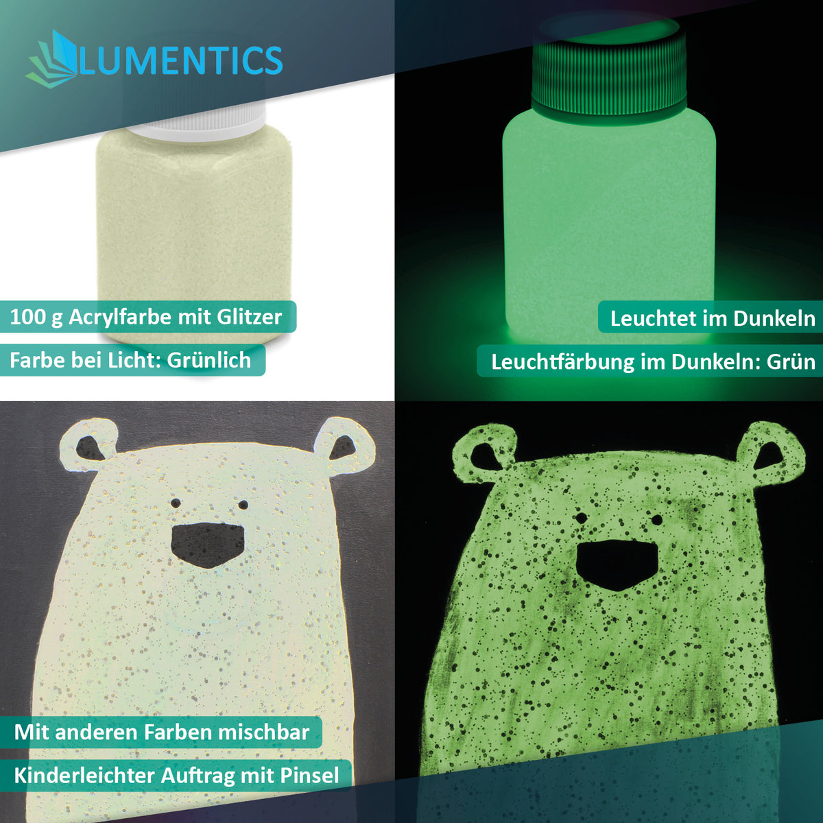 Glitter Glow Paint Yellow-Green 100 g: bottle and painted bear with glitter, in light and glowing green in the dark