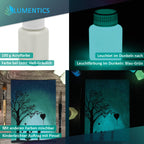 Glow in the dark paint blue-green 100 g, graphic with pot in light and dark and a painting of a tree and children