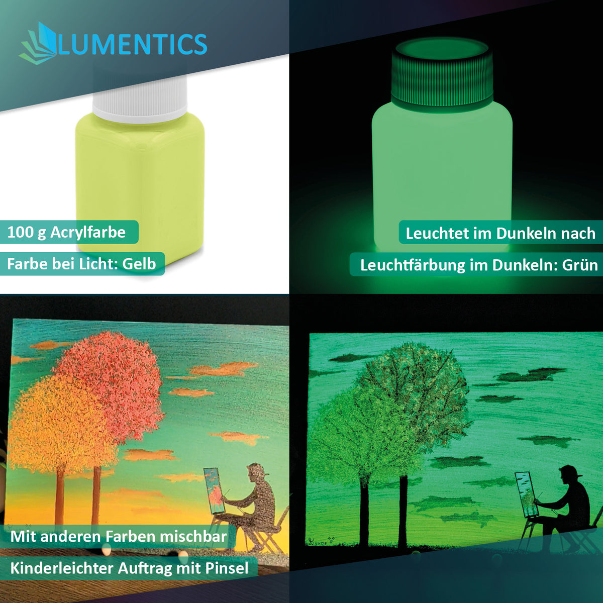 Glow in the Dark Paint Yellow 100 g, graphic with the bottle in light and in the dark and a painting of trees and an easel