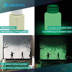 Glow in the dark paint yellow-green 100 g, graphic with pot in light and dark and a painted picture with silhouettes