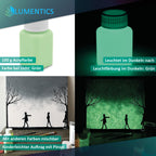 Glow in the Dark Paint Green 100 g, graphic with the bottle in light and in the dark and a painting of silhouettes and trees