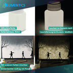 Glow in the Dark Paint Natural White 100 g, graphic with the bottle in light and in the dark and a painting of silhouettes and trees