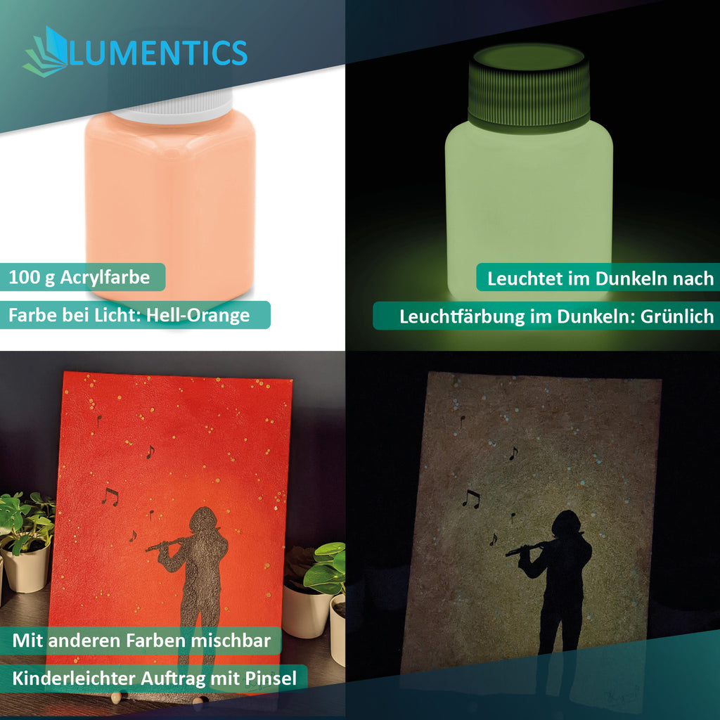 Glow in the Dark Paint Orange 100 g: bottle and painting of a flute player in light (orange-red) and in the dark