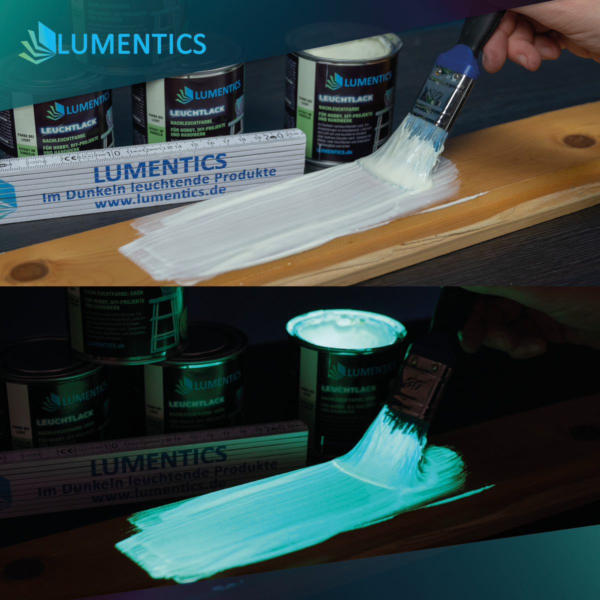 Glow in the Dark Varnish Blue-Green 250 ml: white brush coat on wood, glowing blue-green in the dark