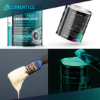 Glow in the Dark Varnish Blue-Green 250 ml: tin front and back, white varnish on a brush, tin glowing in the dark