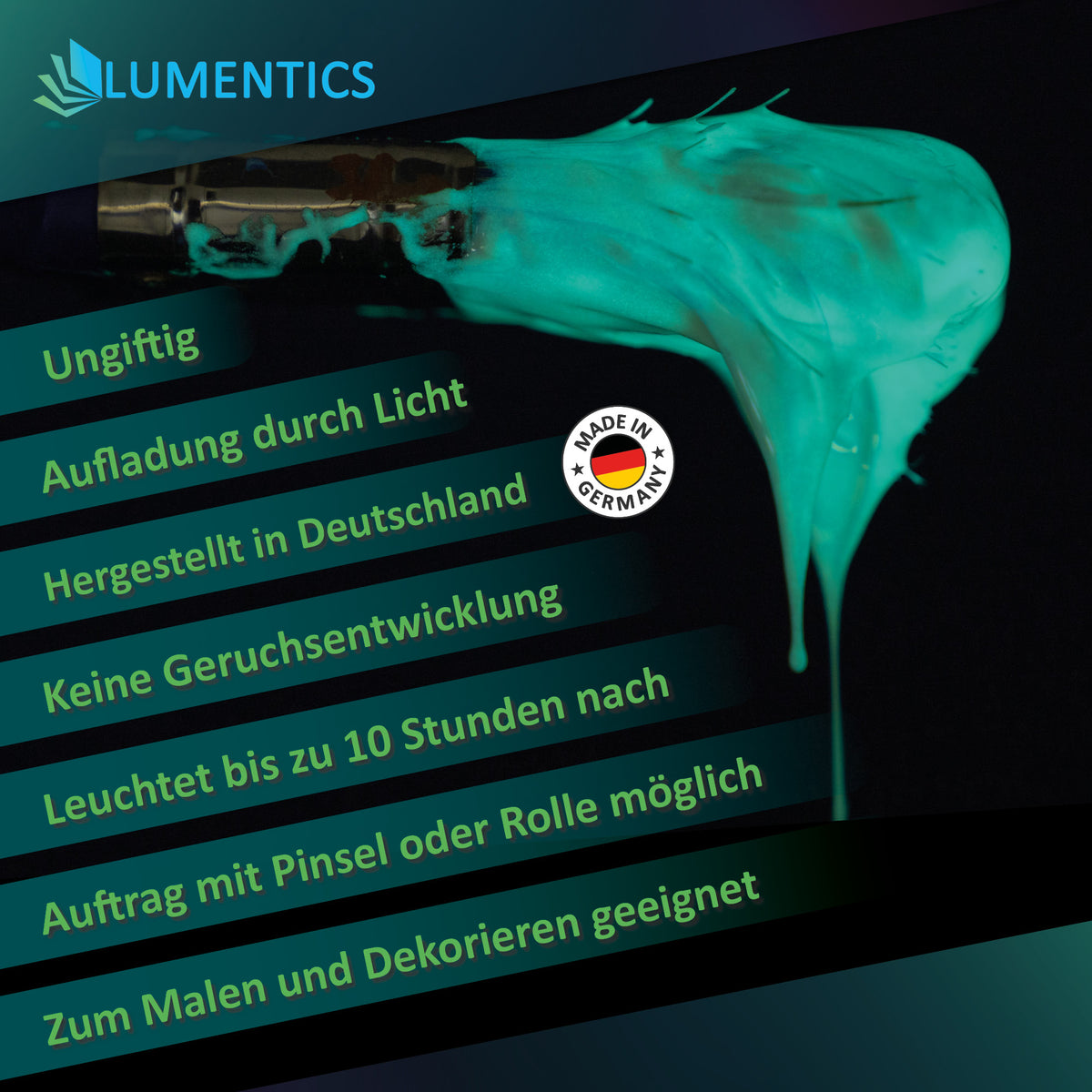 Glow in the Dark Varnish Blue-Green 250 ml: blue-green varnish dripping from a brush; graphic listing features