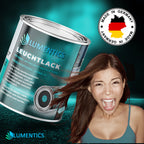 Glow in the Dark Varnish Blue-Green 250 ml: tilted tin on turquoise, beside a screaming woman, Made in Germany seal