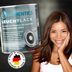 Glow in the Dark Varnish White 250 ml: tin with label and Made in Germany badge next to a smiling woman
