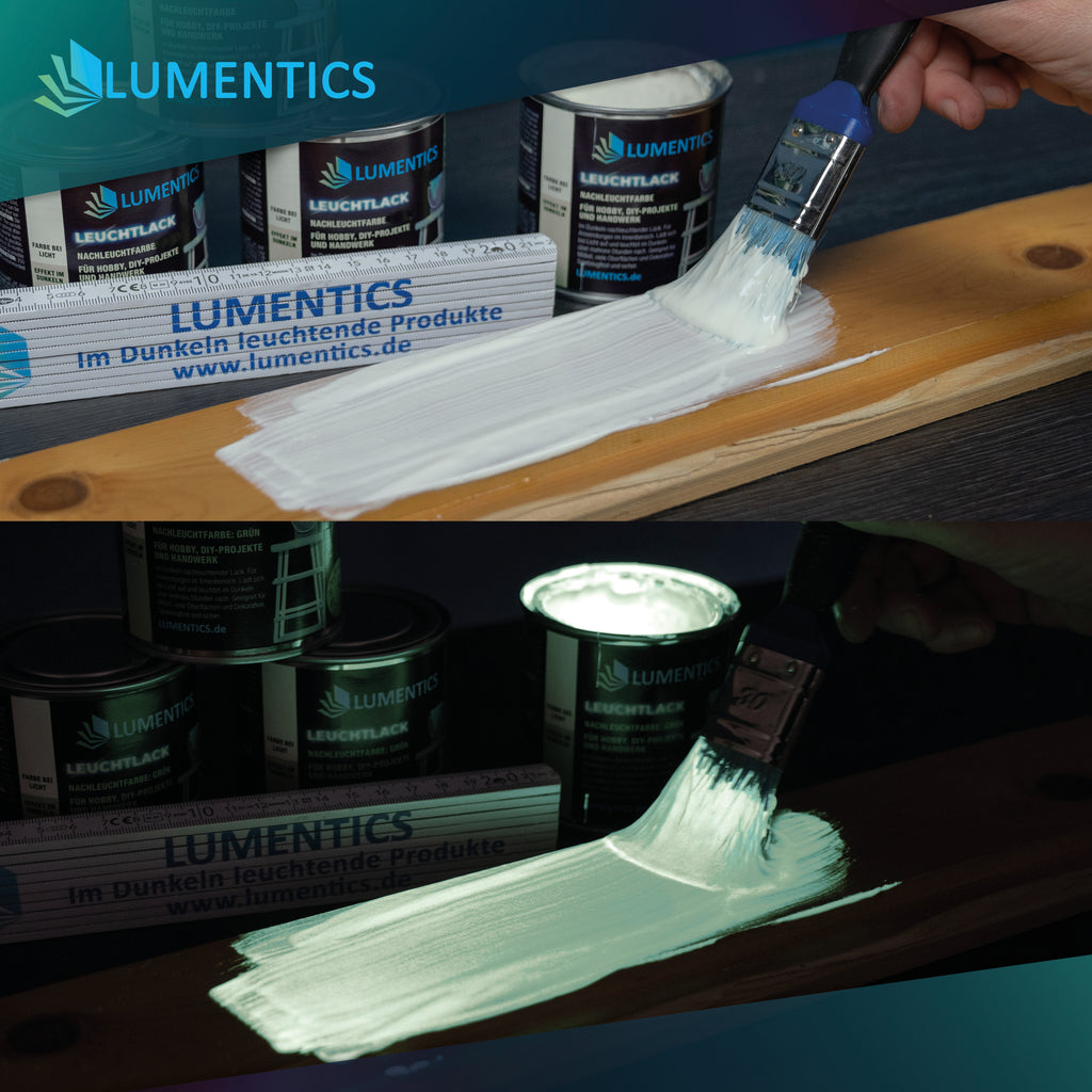 Glow in the Dark Varnish White 250 ml brushed onto a wooden board, in light above, glowing in the dark below