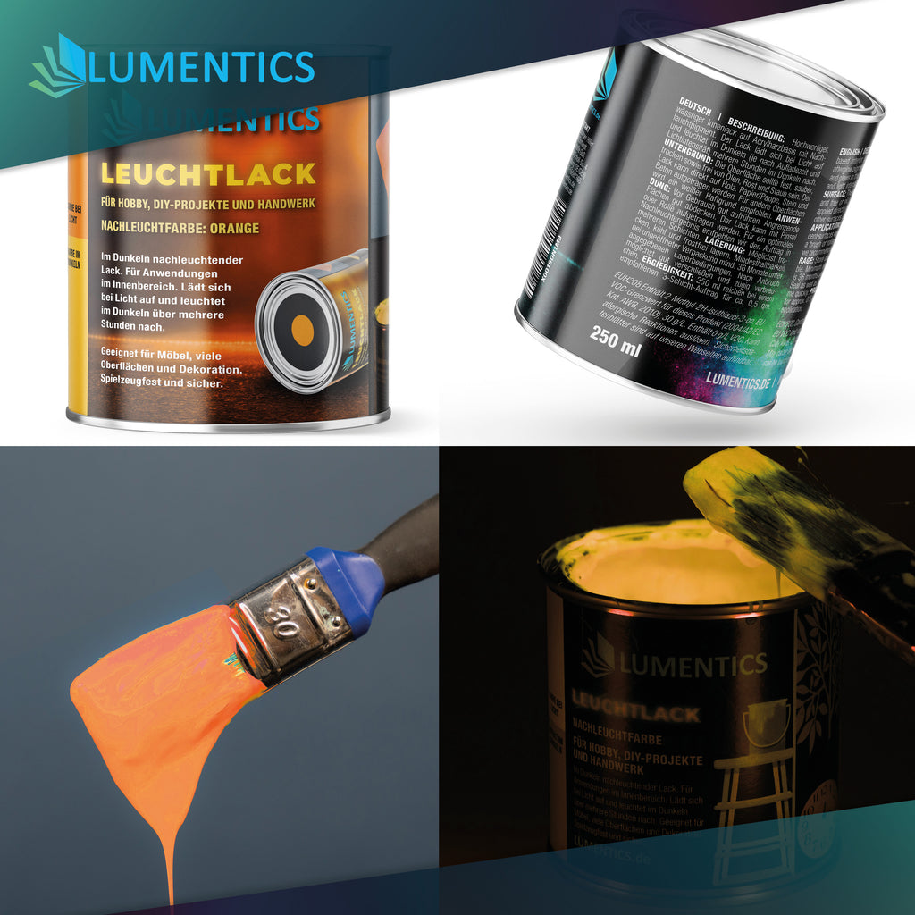 Glow in the dark varnish Orange 250 ml: front and back of the tin, brush with dripping varnish, open tin in the dark