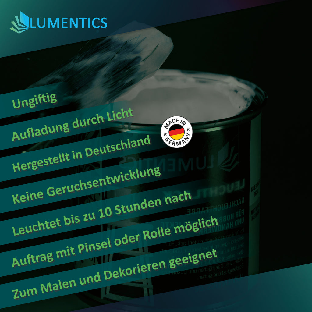Glow in the Dark Varnish White 250 ml: graphic with a list of product details and a Made in Germany badge in front of an open tin