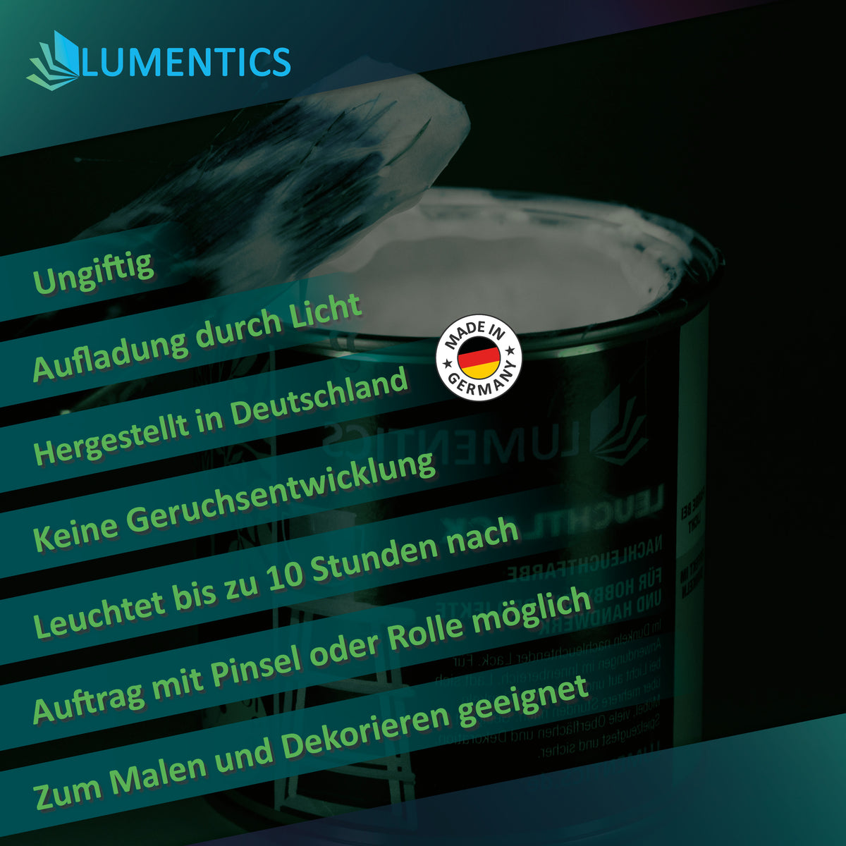 Glow in the Dark Varnish White 250 ml: graphic with a list of product details and a Made in Germany badge in front of an open tin