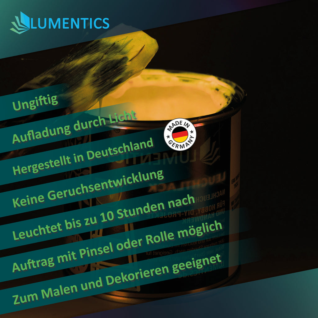 Open tin of glow in the dark varnish with a brush, glowing in the dark, with bullet points on charging, application and use