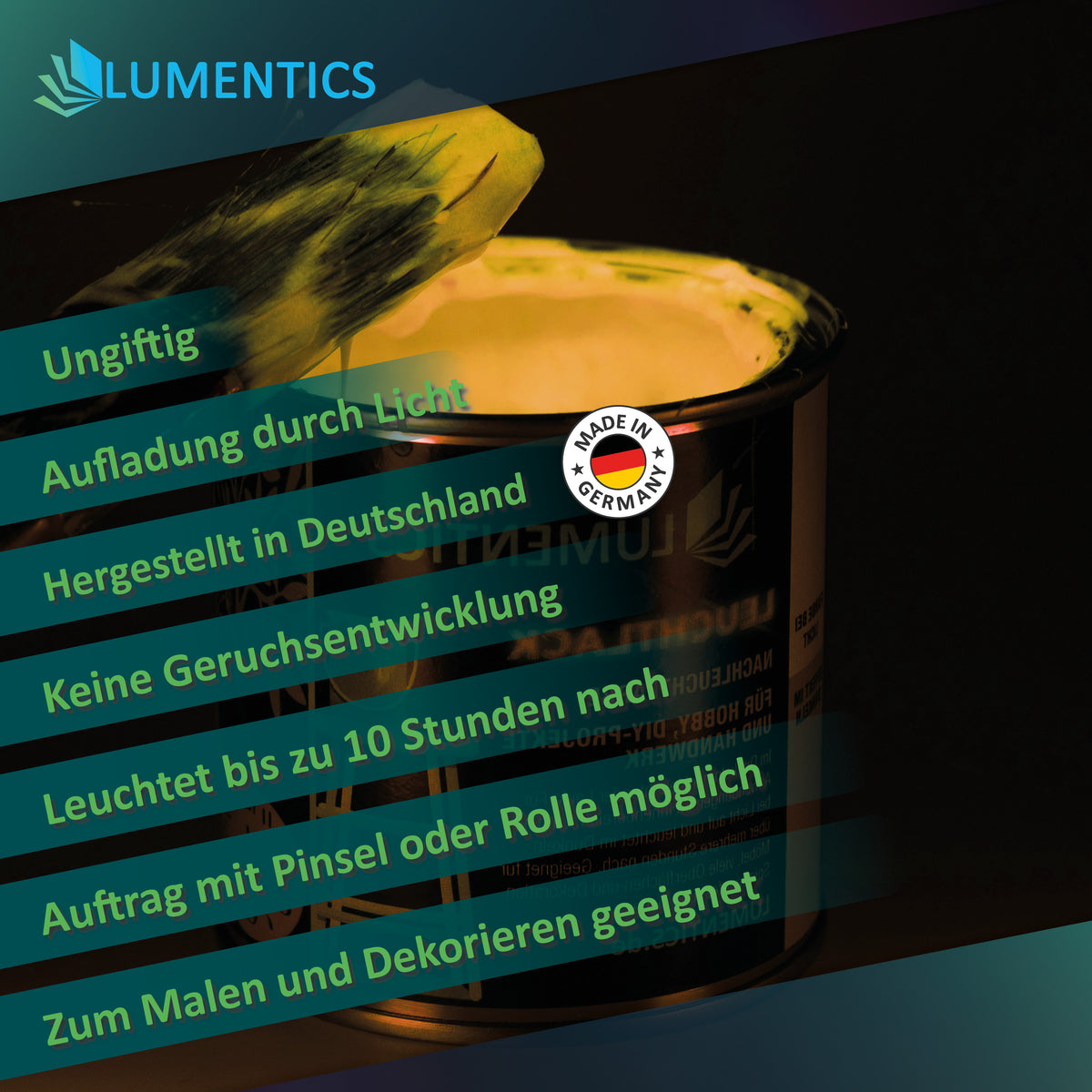 Open tin of glow in the dark varnish with a brush, glowing in the dark, with bullet points on charging, application and use