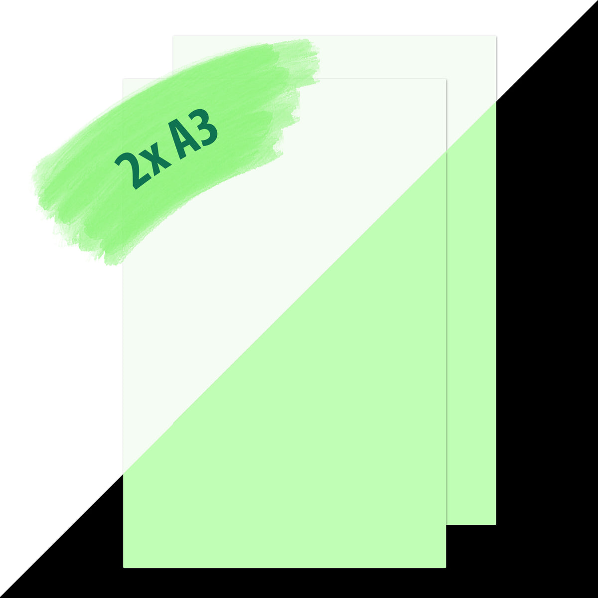 Two sheets of glow paper DIN A3, split diagonally: whitish in daylight, glowing light green in the dark