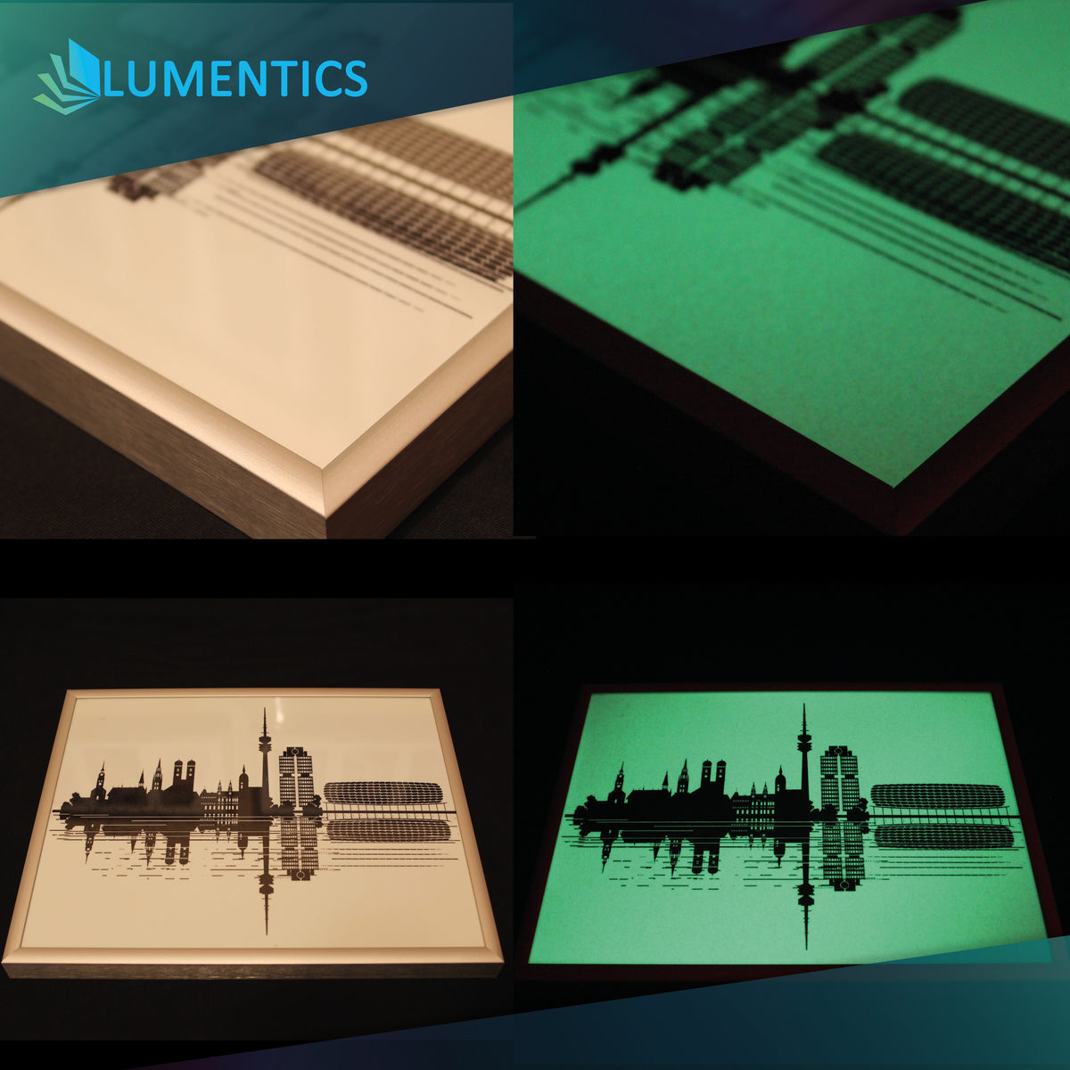 Glow paper for laser printers, printed with a city skyline in a frame, in light and glowing green in the dark