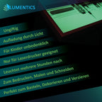 Glow paper in a frame in the dark with text banners on features, noting it is only suitable for laser printers