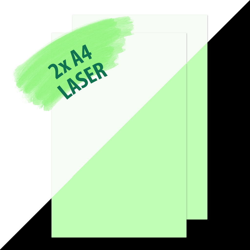 Glow Paper for Laser Printers, 2 x A4: two sheets, pale green in light, glowing green in the dark, labelled laser