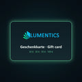 lumentics gift card with logo, the words Geschenkkarte and Gift card, and amounts of 20, 30, 50 and 100 euros