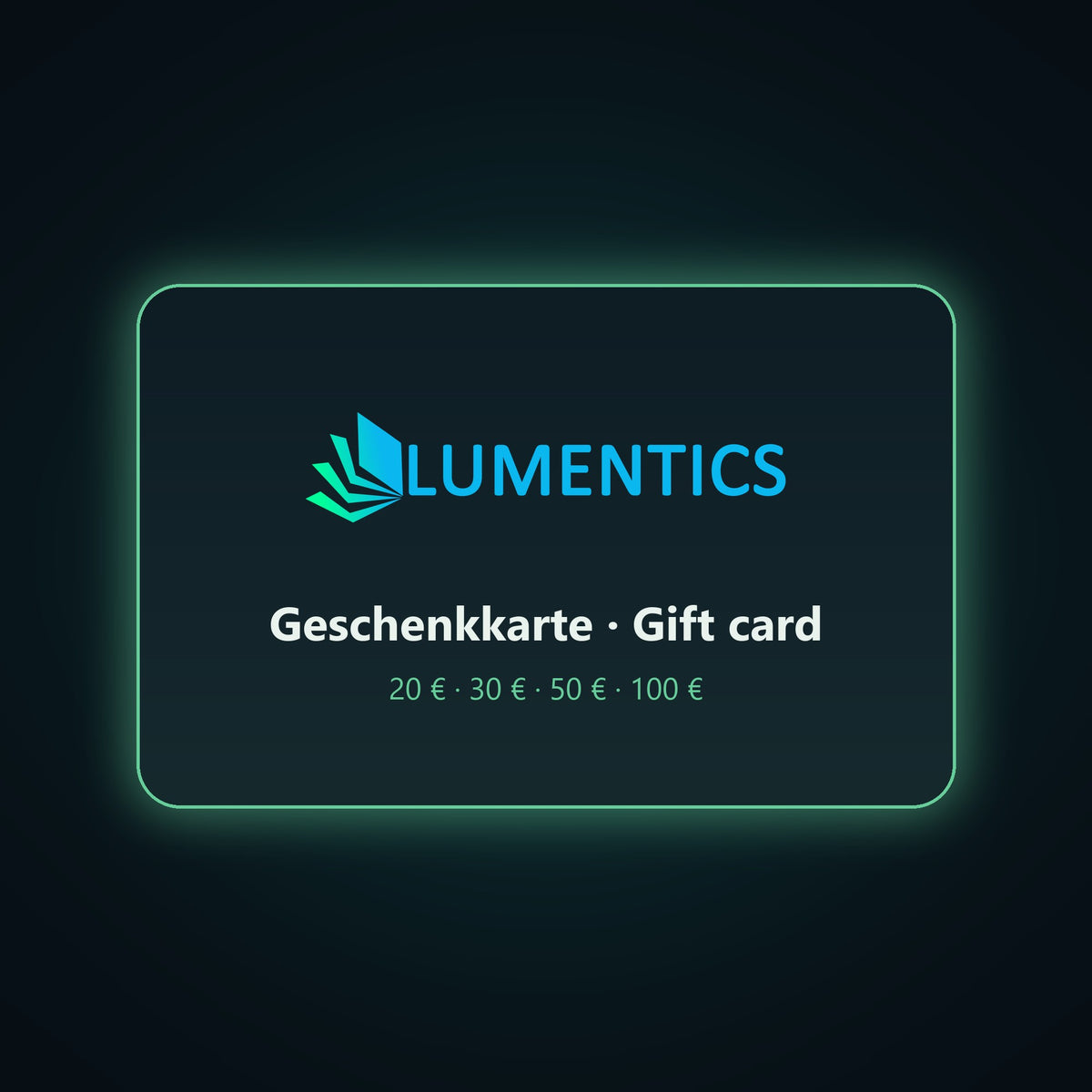 lumentics gift card with logo, the words Geschenkkarte and Gift card, and amounts of 20, 30, 50 and 100 euros