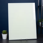 Glow Board A5 on a stand in daylight, whitish, with a plant beside it