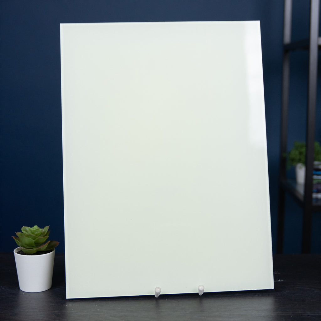 Glow Board A4: board standing upright, front view in daylight, cream-white
