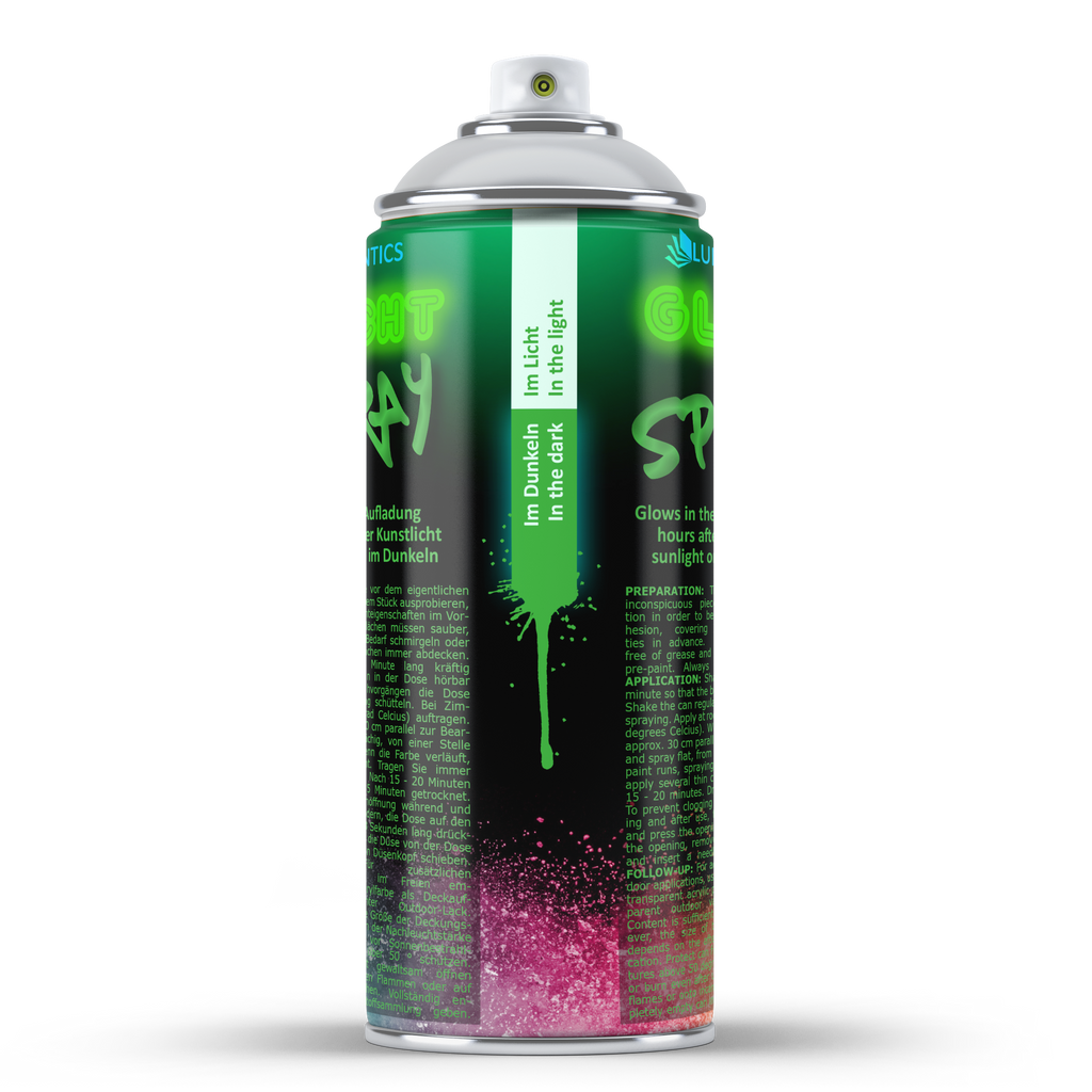 Glow Spray Natural Green 400 ml: graphic with Made in Germany lettering and the top of a can with logo