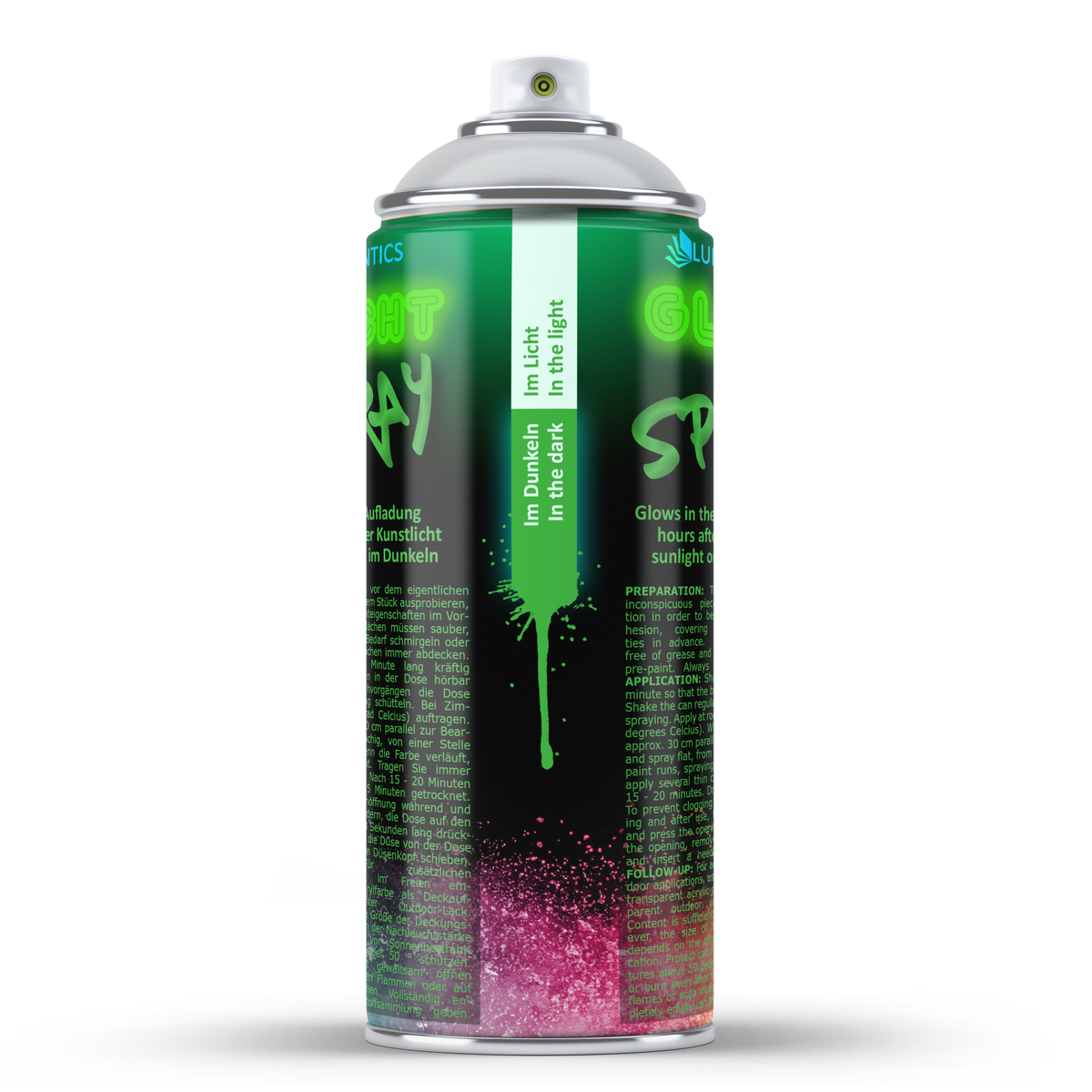 Glow Spray Natural Green 400 ml: graphic with Made in Germany lettering and the top of a can with logo