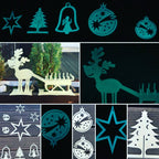 Metal Christmas decorations with powder coating: star, tree, bell, reindeer, in daylight and in the dark