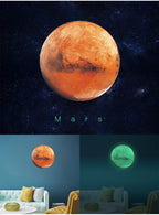 Planet Sticker Mars 30 cm: planet against a starry sky, below it a living room with the sticker in light and in the dark