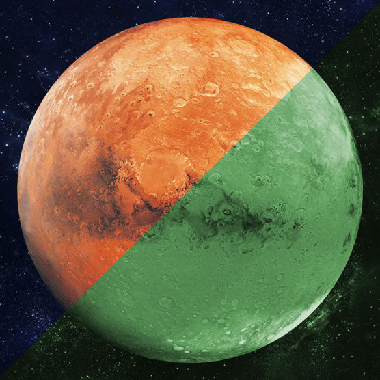Planet Sticker Mars 30 cm: planet, orange-red in daylight on the left, green afterglow in the dark on the right