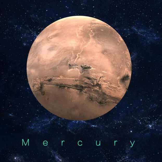 Planet Sticker Mercury 30 cm against a starry sky with the wording Mercury, in daylight