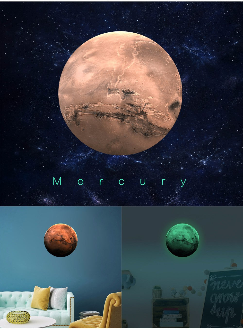 Planet Sticker Mercury 30 cm against a starry sky and on a wall, in light and glowing in the dark