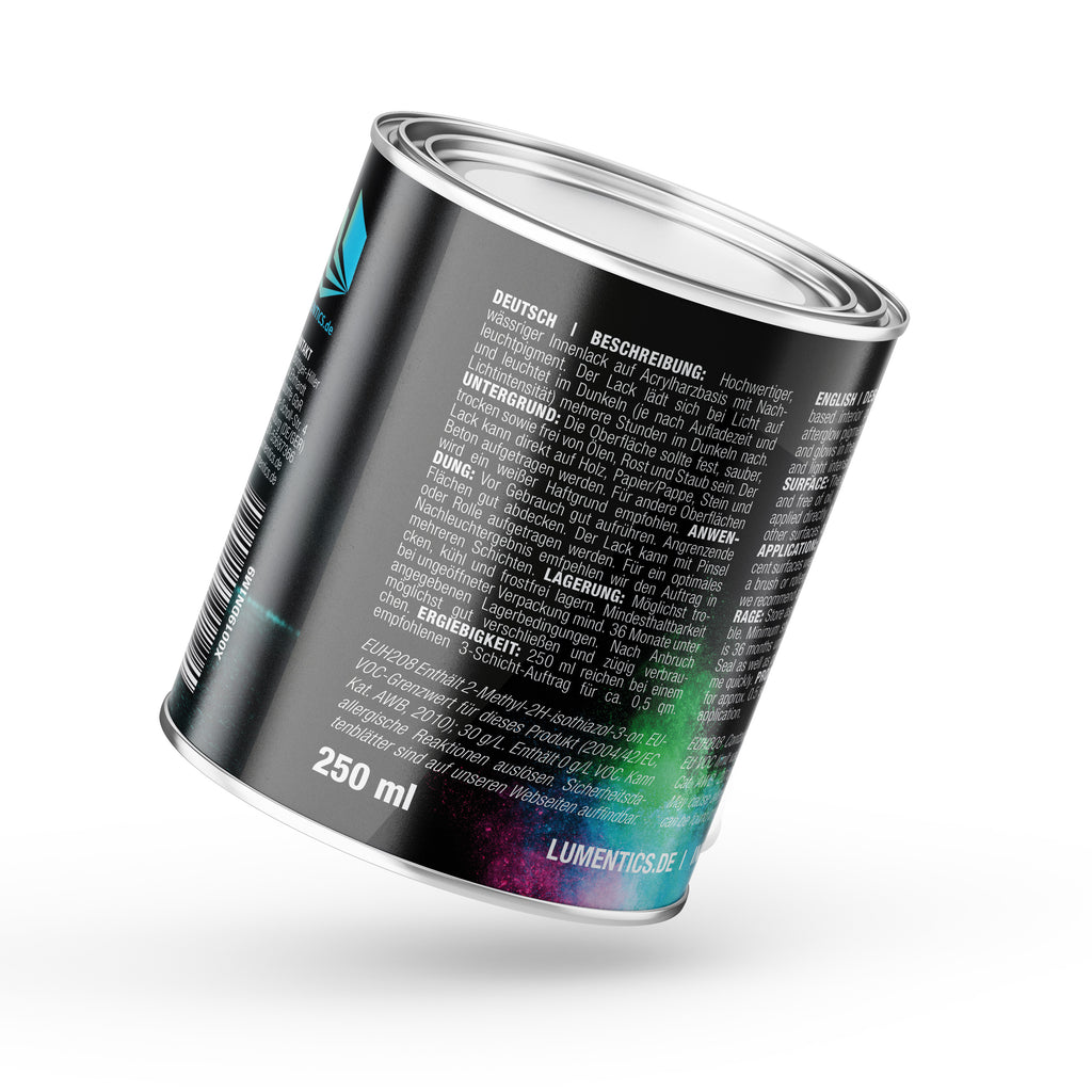 Glow in the Dark Varnish 250 ml, tin tilted, back label with description and volume