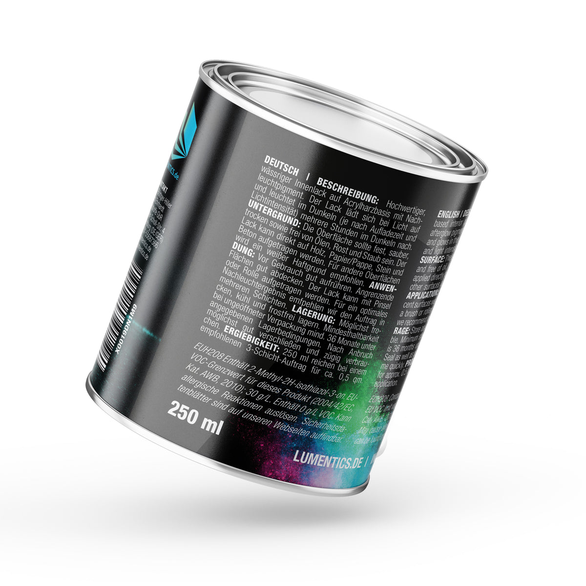 Glow in the Dark Varnish 250 ml, tin tilted, back label with description and volume