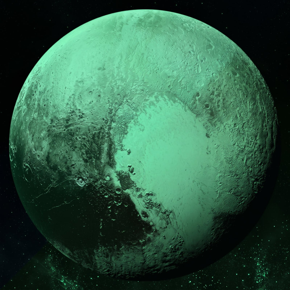 Planet Sticker Pluto 30 cm in the dark, glowing green