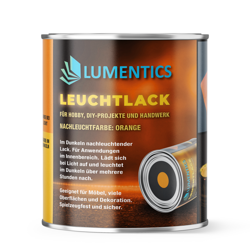 Glow in the dark varnish Orange 250 ml, tin shown from the front with the label glow colour Orange