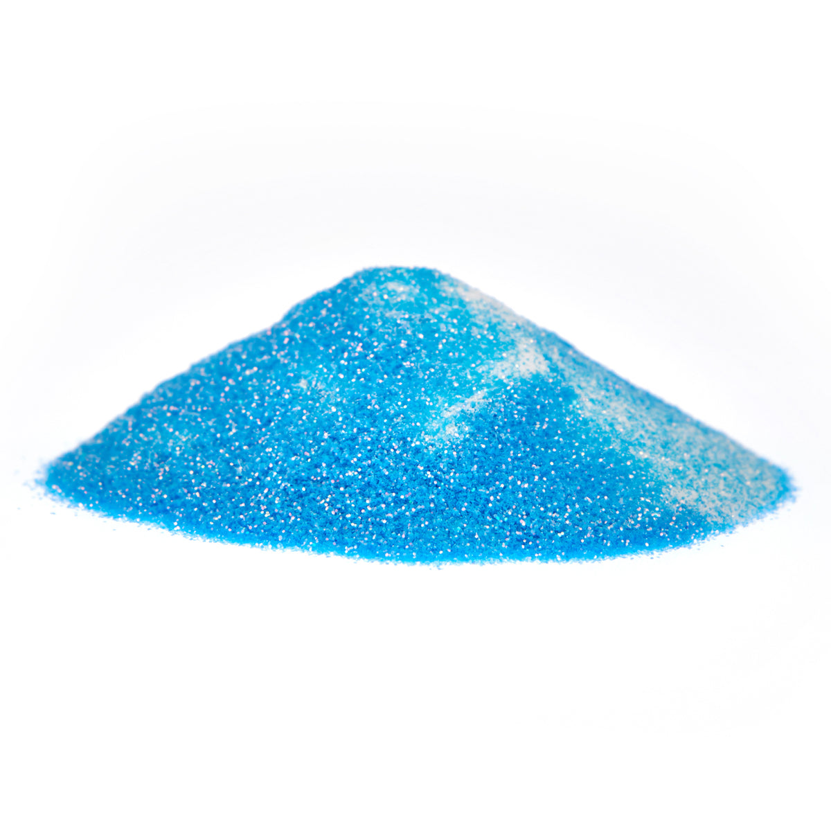 Pile of glitter powder Blue 50 g in daylight against a white background, blue with fine glitter particles