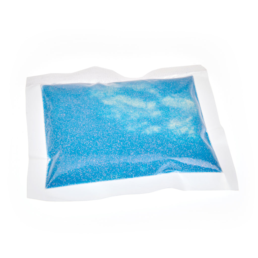 Bag of glitter powder Blue 50 g in daylight showing the packaging, blue powder with glitter